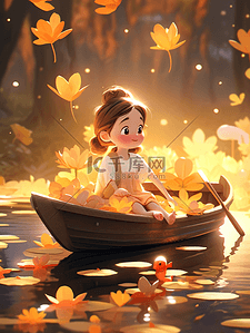 秋季坐在小船上的小女孩插画36