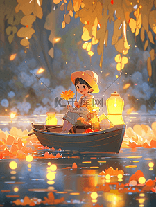 秋季坐在小船上的小女孩插画27
