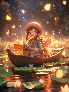 秋季坐在小船上的小女孩插画1