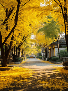 金黄色深秋行道树风景背景3