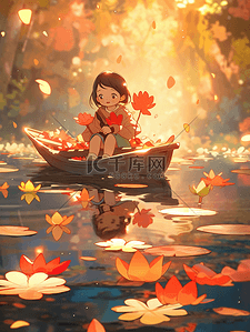 划船小船背景图片_秋季坐在小船上的小女孩插画21