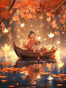 划船小船背景图片_秋季坐在小船上的小女孩插画23