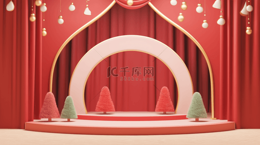 红色电商展台圣诞节圣诞树展台背景