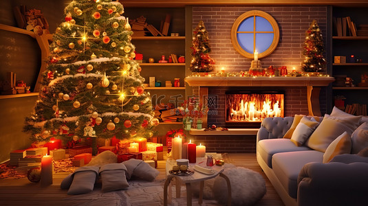 冬天的圣诞树背景图片_圣诞装饰的客厅壁炉9