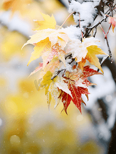 枫叶飘落摄影照片_雪花飘落在树叶上