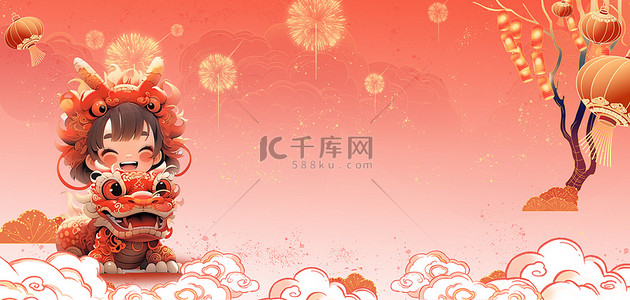 红灯笼动图背景图片_龙年舞狮节日庆典