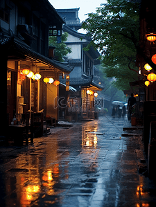 灯笼2背景图片_江南古镇下雨街景背景2