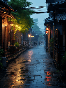 街道灯笼背景图片_江南古镇下雨街景背景5