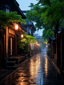 古镇背景图片_江南古镇下雨街景背景6