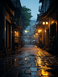 街道灯笼背景图片_江南古镇下雨街景背景24