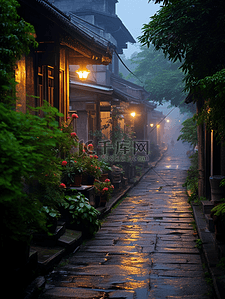 江南古镇下雨街景背景16