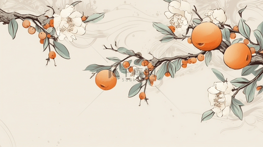 树枝中国风背景图片_暖色中国风国画橘子写实背景8