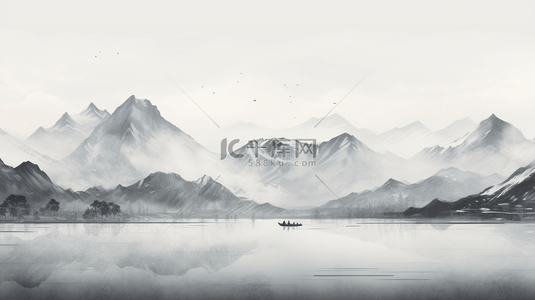 灰色中式背景图片_黑白中国风水墨画淡雅意境山水背景11