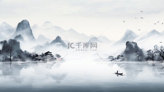 灰色中式背景图片_黑白中国风水墨画淡雅意境山水背景13