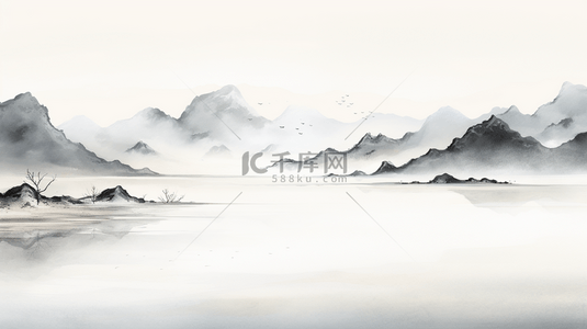 黑白中国风水墨画淡雅意境山水背景2