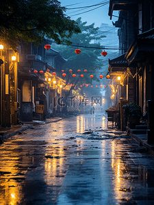 街道灯笼背景图片_江南古镇下雨街景背景7