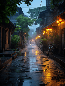 街道灯笼背景图片_江南古镇下雨街景背景14