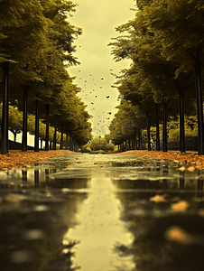 雨后公园的小路和落叶