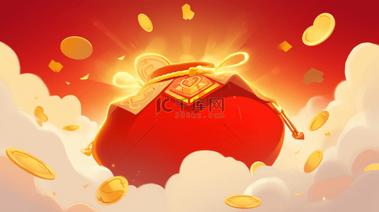 红色新年福袋背景图片_中国风国潮新年新春福袋金币背景