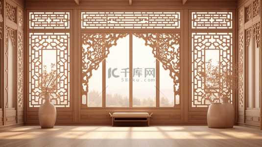 东方背景图片_中式传统风格室内木雕镂空雕花屏风