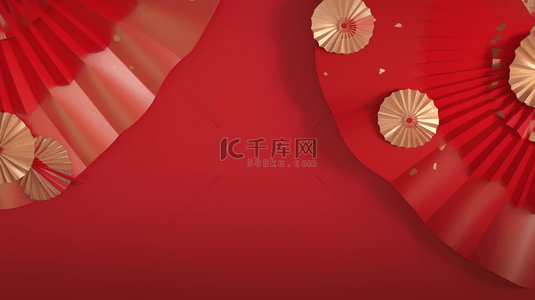 扇子红色背景图片_新年展台喜庆扇子展台红色电商展台