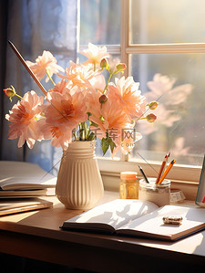 桌子花瓶背景图片_复古气息桌子花瓶笔记本17
