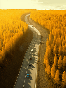 森林公路摄影照片_金秋的森林和公路