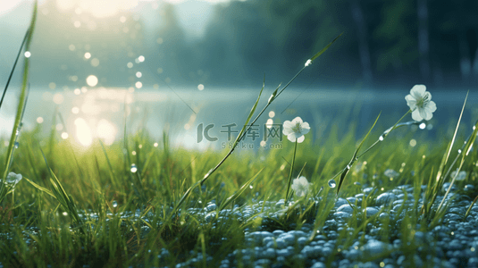 草地雨水背景图片_绿色现代感初春露珠背景26