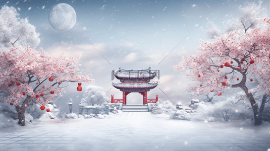 冬季中国风梅花冰天雪地背景18