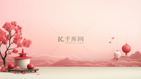 中国红色古典风背景图片_暖色中国风唯美花束群山背景20