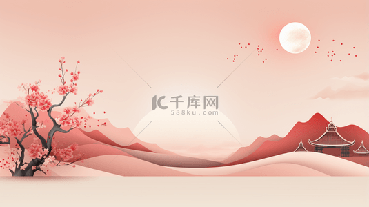 中国古典红色背景图片_暖色中国风唯美花束群山背景233