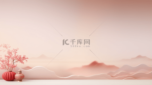 中国风式红章背景图片_暖色中国风唯美花束群山背景15