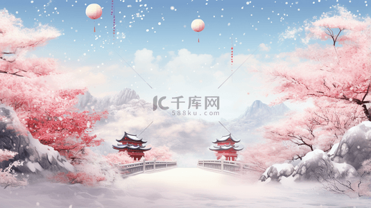 唯美创意中式背景图片_中国风古典唯美雪中梅花创意背景3