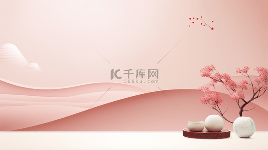 中国古典红色背景图片_暖色中国风唯美花束群山背景5