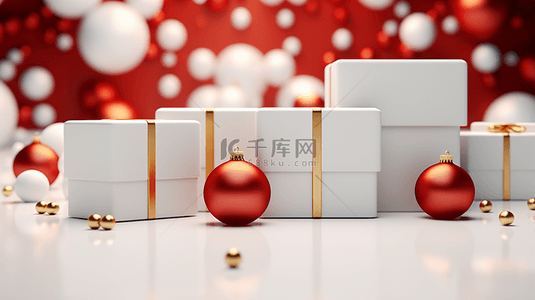 红色背景圣诞节白色礼物盒展台