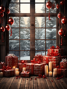 红色包装背景图片_窗前红色的礼品包装圣诞装饰8