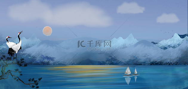 重阳节水墨山水蓝色中国风重阳节海报背景