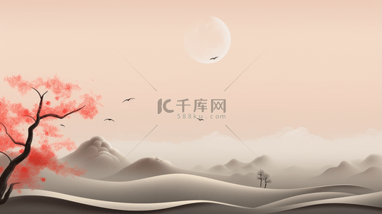 中国风山水红色背景图片_红色中国风山水梅花创意背景46