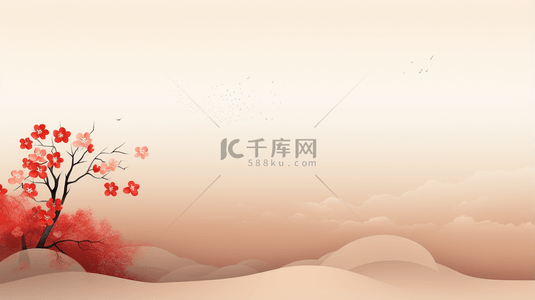 中国风山水红色背景图片_红色中国风山水梅花创意背景3222