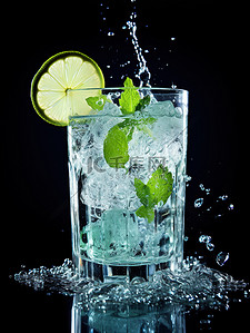冰块和水背景图片_杯子中的柠檬和水飞溅10