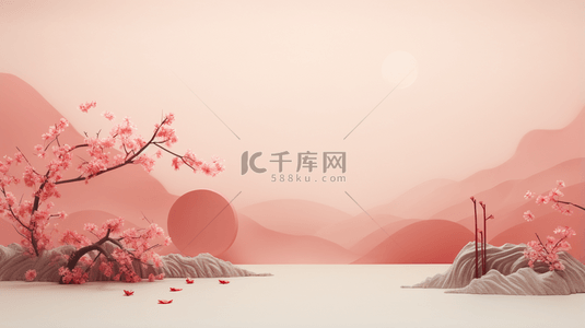 中国风山水红色背景图片_红色中国风山水梅花创意背景5