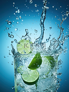 冰块和水背景图片_杯子中的柠檬和水飞溅12