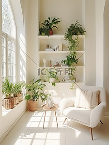 绿色背景阳光背景图片_白色客厅明亮绿色植物家居背景13