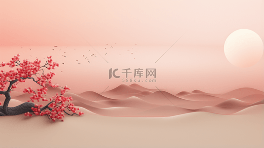 中国风圆形山水背景图片_红色中国风山水梅花创意背景16