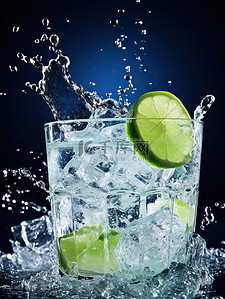 冰块和水背景图片_杯子中的柠檬和水飞溅5