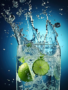冰块和水背景图片_杯子中的柠檬和水飞溅15
