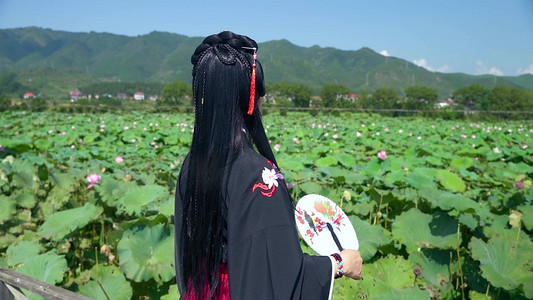 实拍古风美女荷塘走路背影