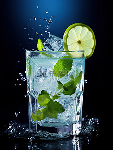冰块和水背景图片_杯子中的柠檬和水飞溅9
