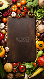 菜单空白背景图片_新鲜果蔬围绕的空白木板菜单