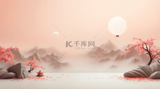 中国风山水梅花背景图片_红色中国风山水梅花创意背景28